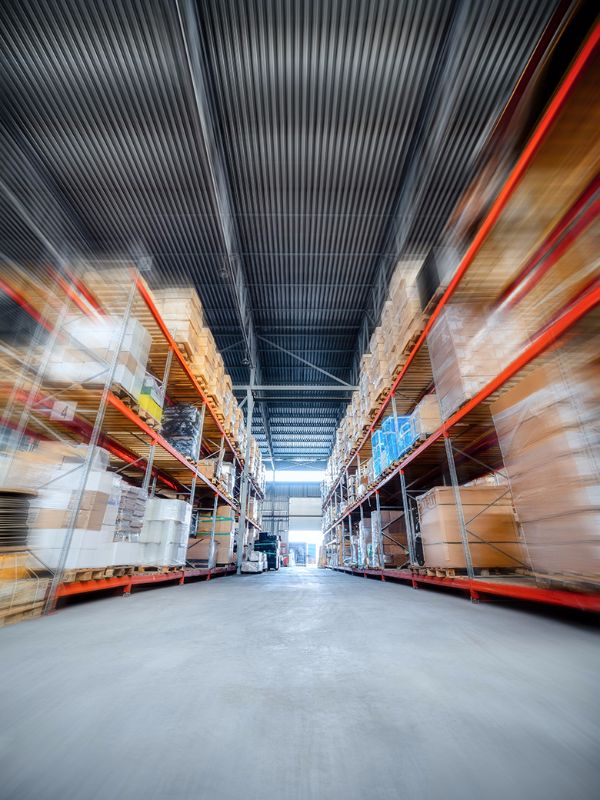 Blurred interior of a warehouse with stocked shelves