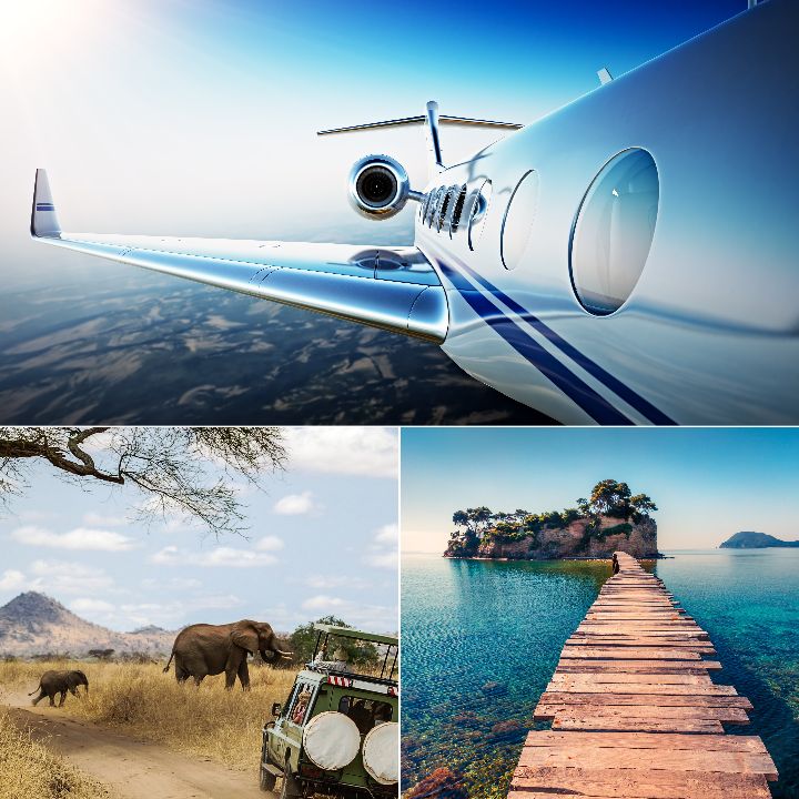 Collage of potential Rexford Broker Rewards including flights and trips to exotic locations